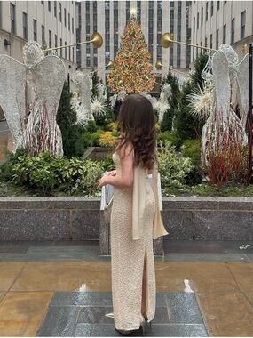 Miss Circle Raizel Gold Beaded Sequin Bodycon Gown With Scarf